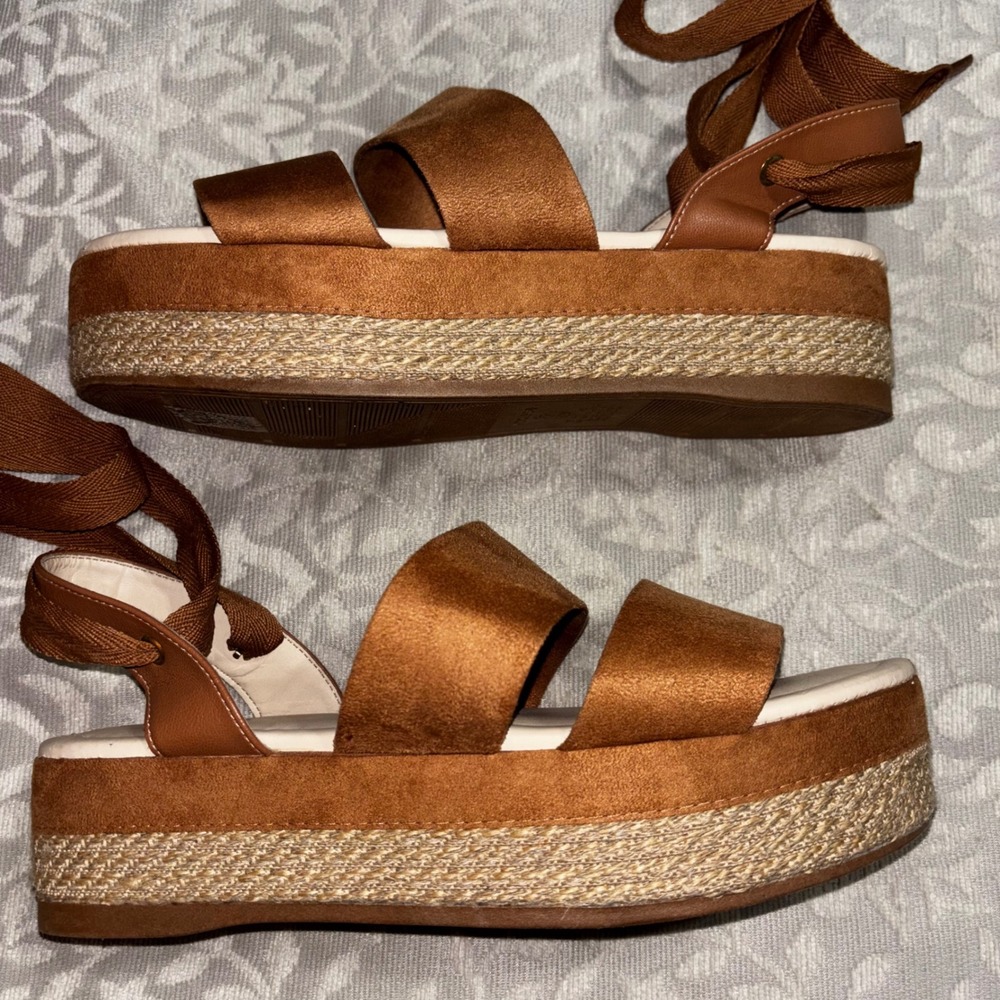 Ego Moleca Tan Faux Suede Platform Espadrille Lace Up Sandals - Picture 3 of 12